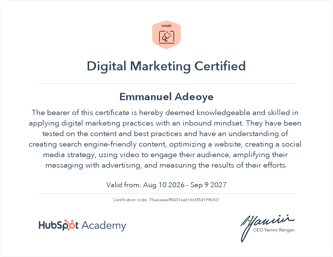 Digital Marketing Certified certificate issued by HubSpot Academy