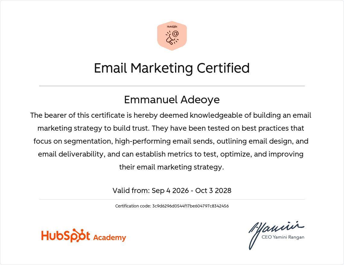 Email Marketing Certified certificate issued by HubSpot Academy